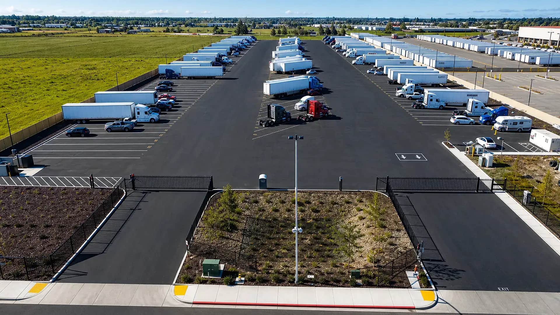 Aerial view of Semiyard truck yard entrance with trailers and parked trucks